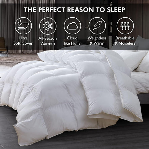 Luxurious King/Oversized King 108" x 98" Size Goose Down Fiber Waterfowl Feather Fiber Comforter Duvet, 100% Egyptian Cotton Cover, 65 oz. Fill Weight, Baffle Box Design, White Solid