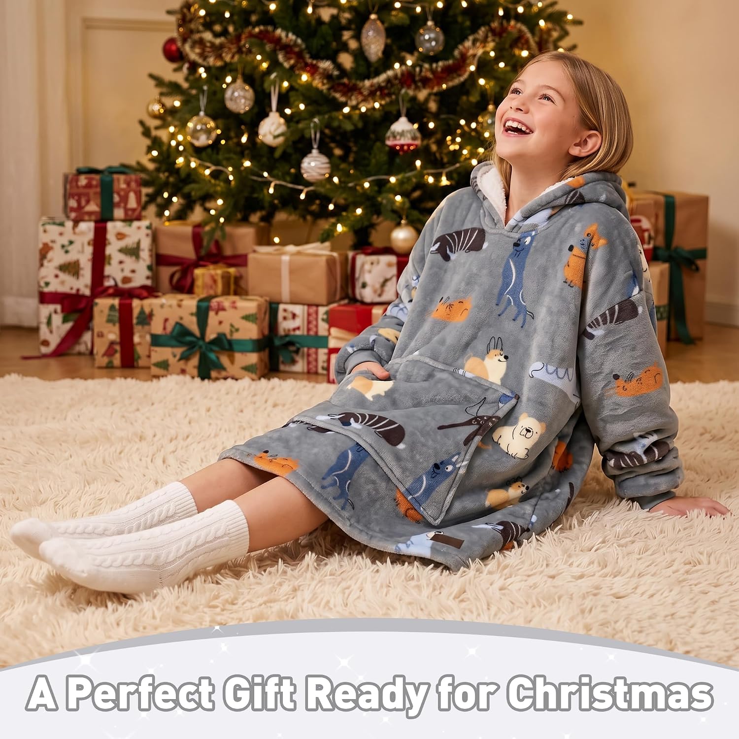Catalonia Oversized Sherpa Hoodie Blanket Wearable Sweatshirt for Kids