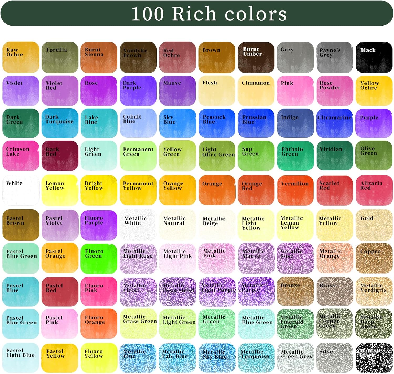 Artecho 100 Colors Watercolor Paint Set with Metallics, Portable Tin Case