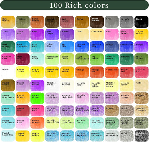 Artecho 100 Colors Watercolor Paint Set with Metallics, Portable Tin Case
