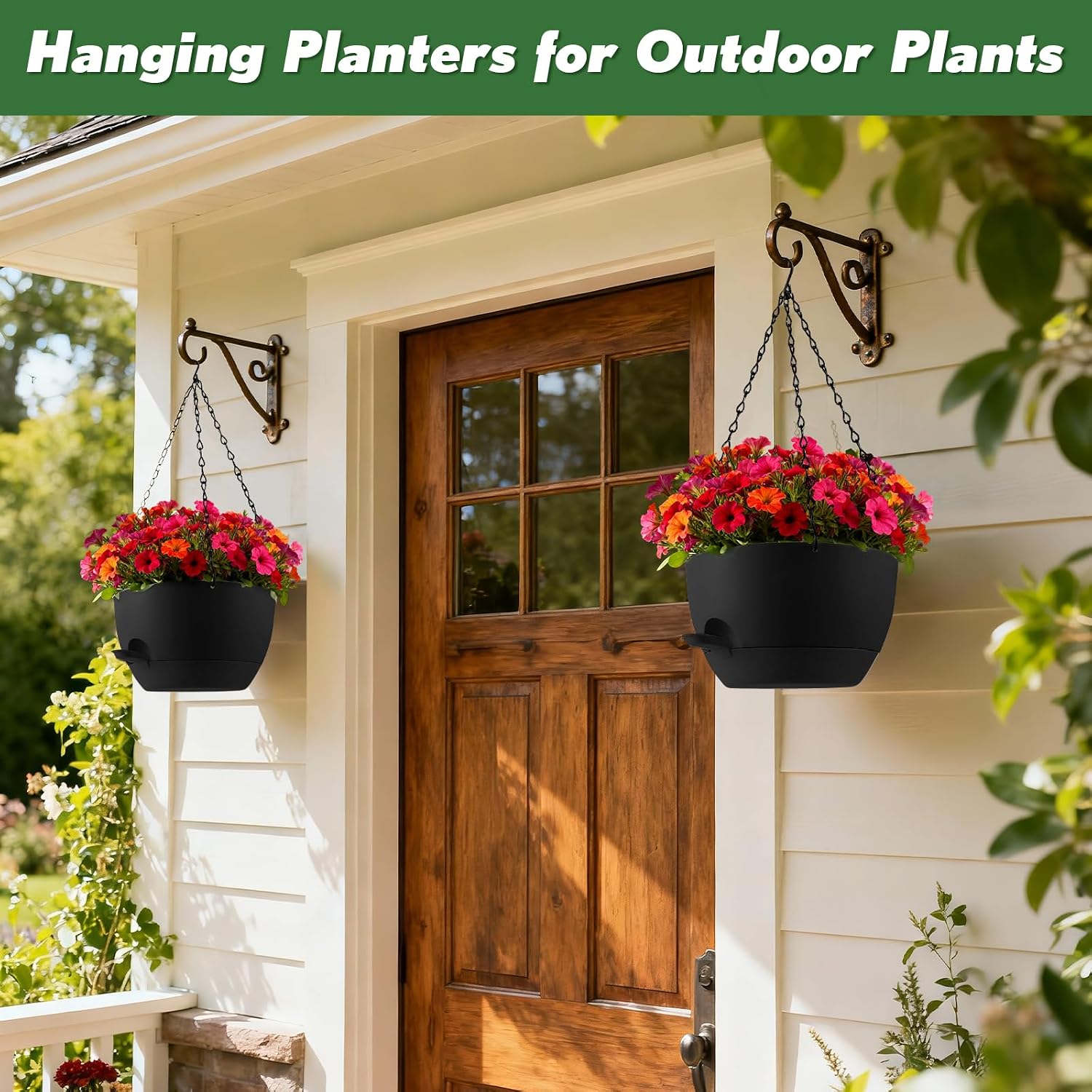 4-Piece Set of 8-Inch Hanging Planters with Automatic Watering System and Drip Tray, Includes Metal Chain, Suitable for Various Indoor and Outdoor Plants and Flowers,Pure Black
