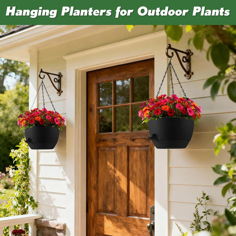 4-Piece Set of 8-Inch Hanging Planters with Automatic Watering System and Drip Tray, Includes Metal Chain, Suitable for Various Indoor and Outdoor Plants and Flowers,Pure Black