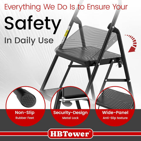 HBtower 2 Step Ladder, Step Stool with Wide Anti-Slip Pedal