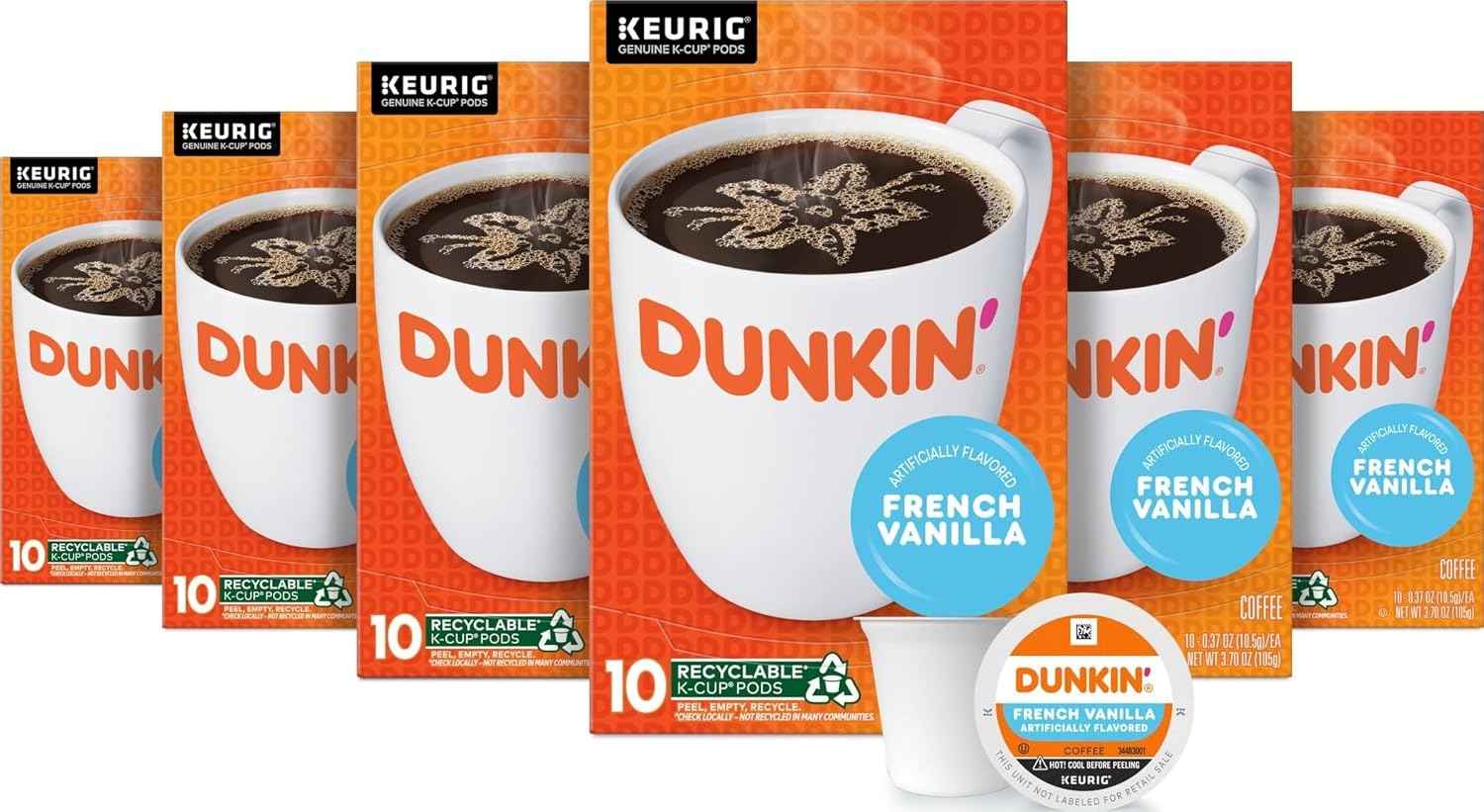 Dunkin’ French Vanilla Artificially Flavored Coffee, 60 Keurig K-Cup Pods | 6 boxes of 10 single serve coffee pods each, Smooth & rich flavor, Made with arabica coffee, Shelf stable, SNAP EBT eligible