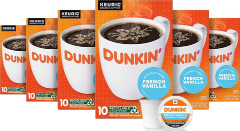 Dunkin’ French Vanilla Artificially Flavored Coffee, 60 Keurig K-Cup Pods | 6 boxes of 10 single serve coffee pods each, Smooth & rich flavor, Made with arabica coffee, Shelf stable, SNAP EBT eligible