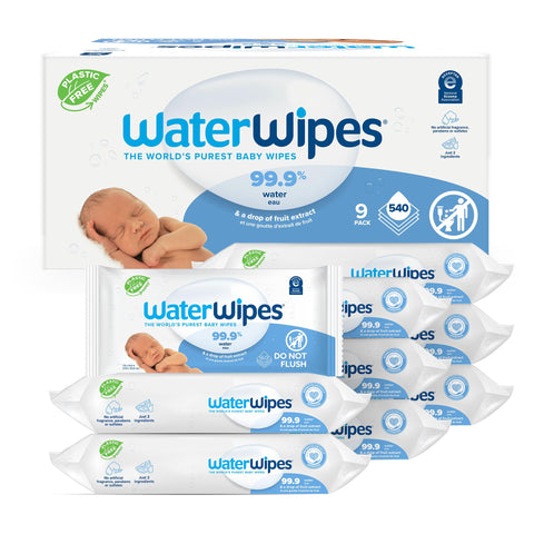WaterWipes Plastic-Free Original-baby Wipes, 99.9% Water Based Wipes, Unscented & Hypoallergenic for Sensitive Skin, 60 Count (Pack of 9) Total 540 wipes, Packaging May Vary