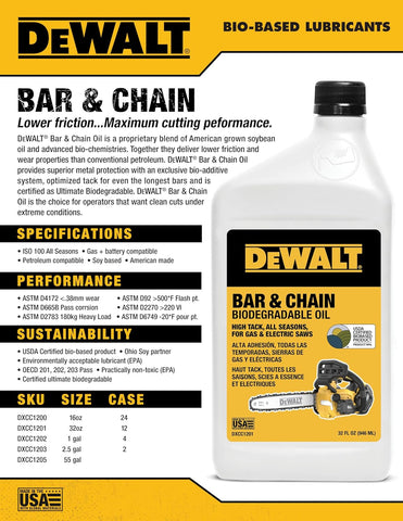 DEWALT – Biodegradable Bar & Chain Oil – Green, Eco-Friendly, Non-Toxic Professional Bar & Chainsaw Lubricant – Ultraclean All-Season Oil for Gas, Electric Saw, and Pole Saw, 16 oz