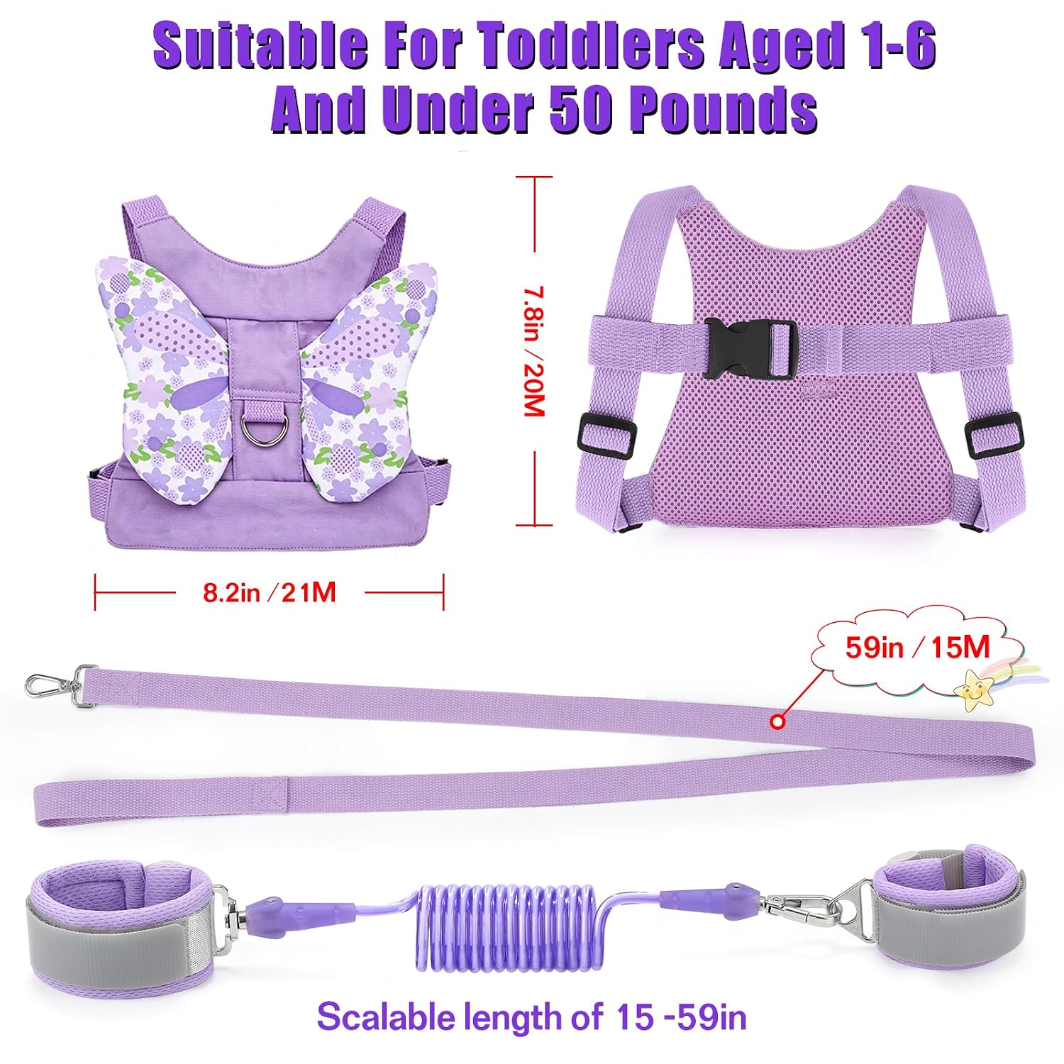 Toddlers Leash + Anti Lost Wrist Link Child Kids Safety Harness Kids Walking Wristband Assistant Strap Belt for Girl Pink Christmas Gift (Purple)
