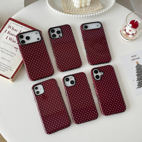 Compatible with iPhone 15 Case, Fashion Cute Polka Dot Pattern Aesthetic Design for Women, Soft TPU and Hard Back Shockproof Phone Case for iPhone 15 6.1 inch, Wine Red