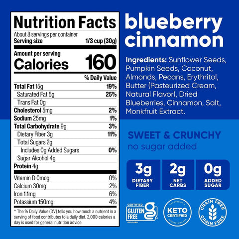 NuTrail Nut Granola, Blueberry Cinnamon, No Sugar Added, Gluten Free, Grain Free, Keto, Low Carb, Healthy Breakfast Cereal 8 oz. 6 Count | No Seed Oils, Real Ingredients, Almonds, Pecans, Coconut, Pumpkin and Sunflower Seeds