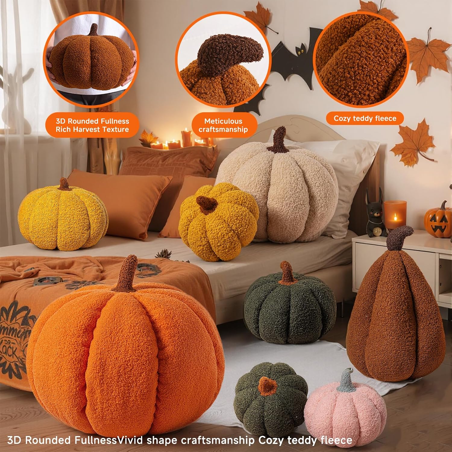 Lanpn Fall Pumpkin Pillows Set of 2, Halloween Decoration Decorative Throw Pillows Soft Fleece Sherpa Cute 3D Shaped Cushion for Sofa Couch Bedroom Halloween Thanksgiving Decor (Orange, 14.2x10.2in)