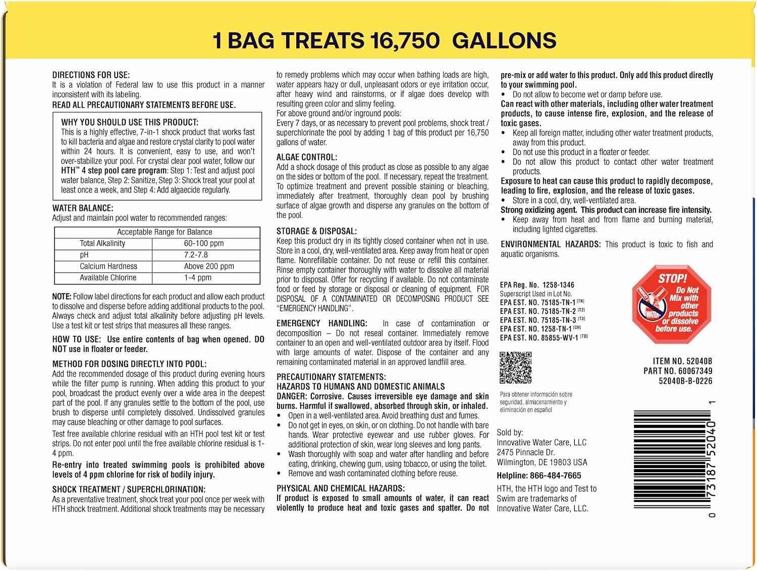 HTH 52040B, Swimming Pool Care Shock Ultra, 6 Pack