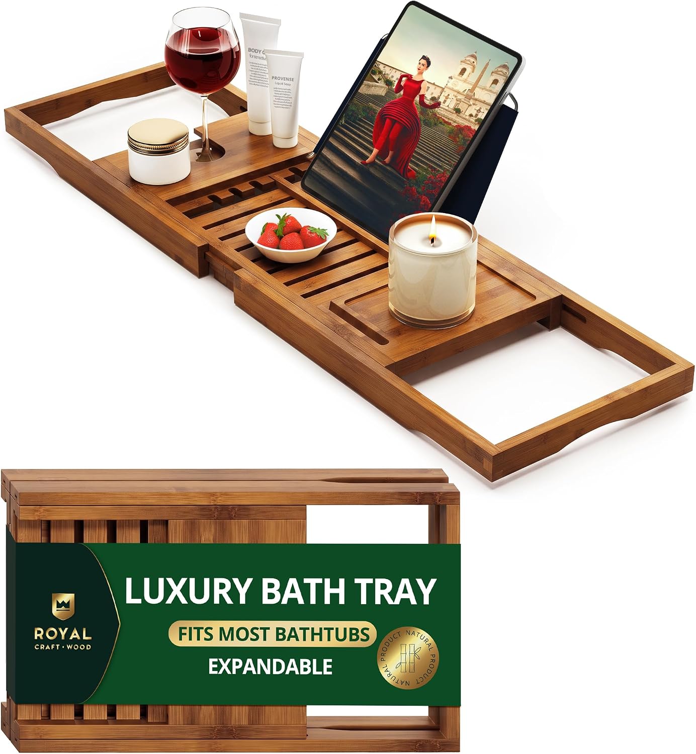 ROYAL CRAFT WOOD Premium Foldable Bathtub Tray Caddy - Wood Bath Tray for Tub, Bamboo Shelf, Expandable Bath Table Trays, Bathtub & Bathroom Accessories for New Home & Mothers, Birthday Gifts for Mom
