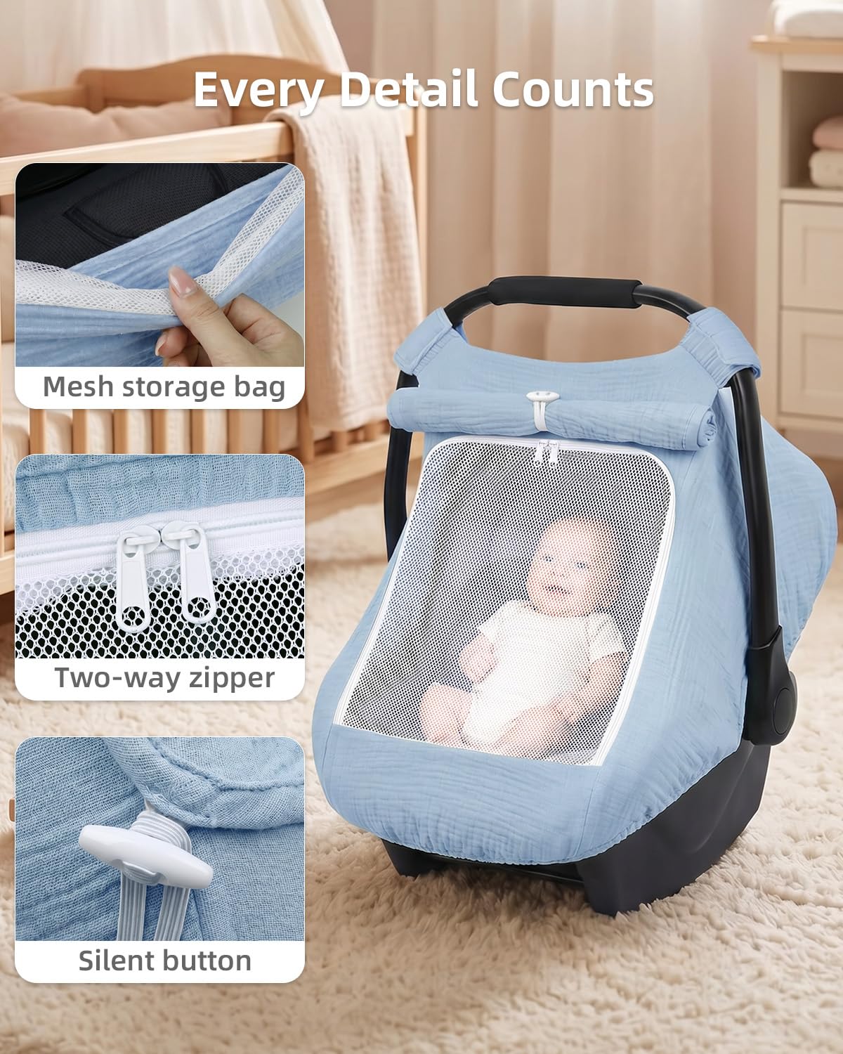 Rquite Baby Car Seat Cover Boy, Muslin Mesh Window Infant Carseat Canopy