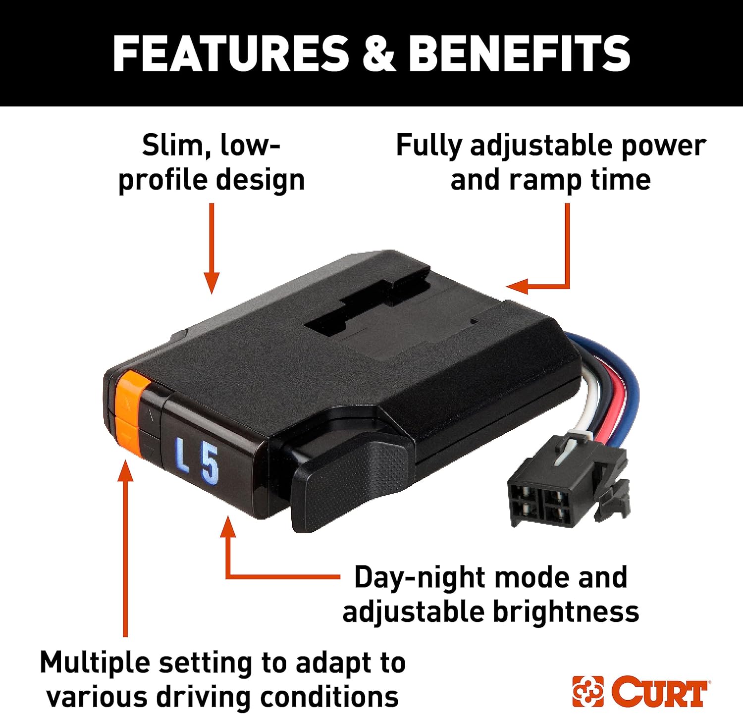 CURT 51126 Discovery Next Electric Trailer Brake Controller, Time-Delay, Fully Adjustable, Low Profile, 2-4 Axles, Plug-and-Play