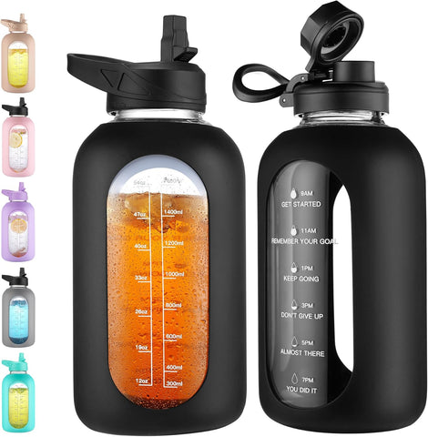 CIVAGO 64 oz Glass Water Bottle with Straw, Half Gallon Large Water Jug