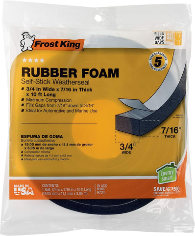 Frost King R734H Sponge Rubber Foam Tape 3/4" W X 7/16" H X 10' L, Black