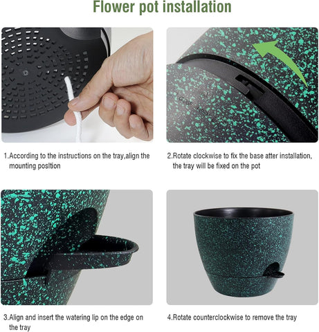 WSMKSZ 12 inch Large Self Watering Pots, Planter, Plant Pots with Mesh Drainage Holes for Indoor Outdoor House Plants and Garden, Plastic Flower Pots with Reservoir, Black with Green Speckles