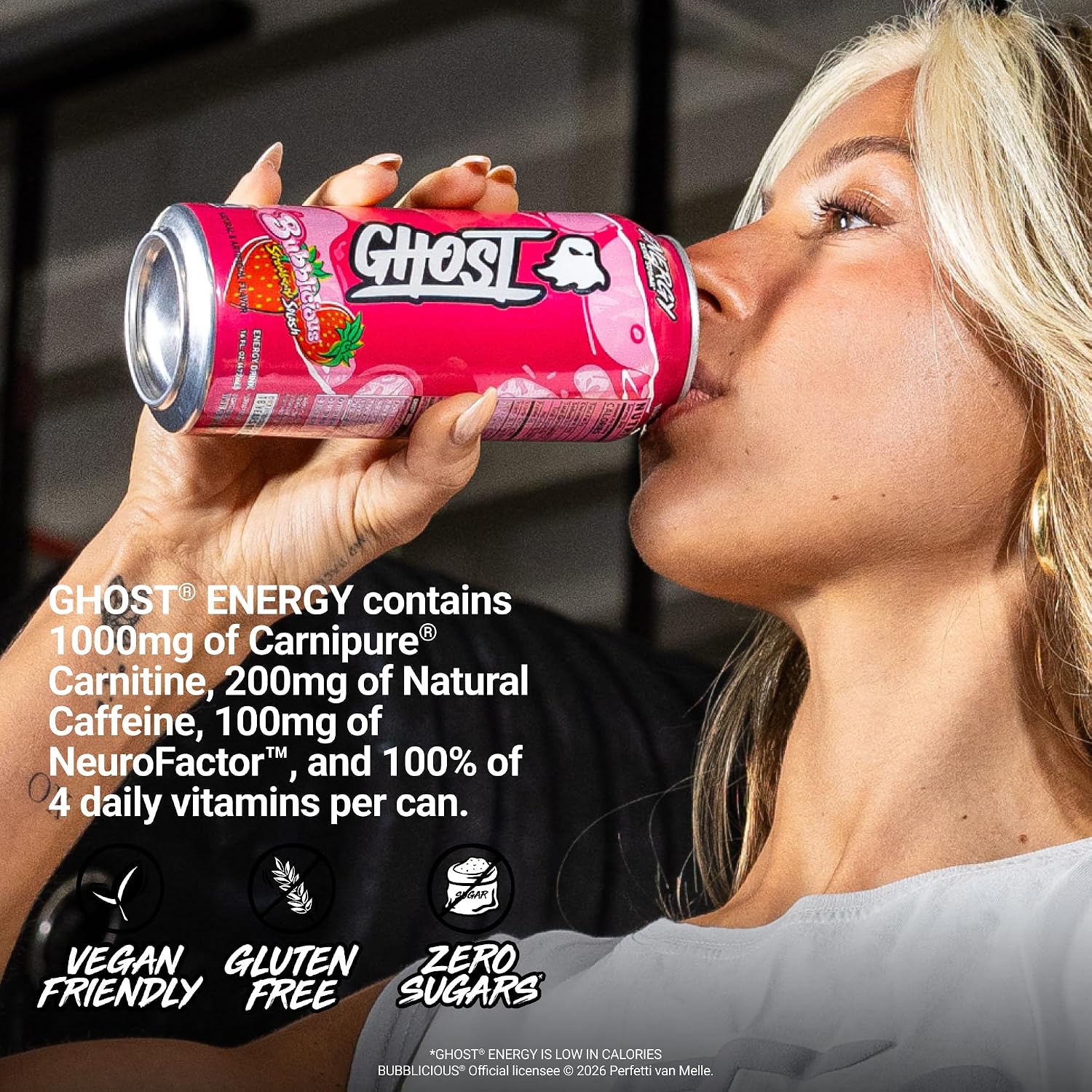 GHOST Energy Drink, Zero Sugars, 12-Pack - Bubblicious Strawberry Splash