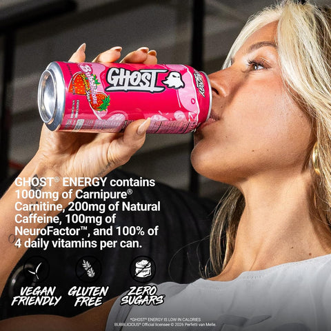 GHOST Energy Drink, Zero Sugars, 12-Pack - Bubblicious Strawberry Splash