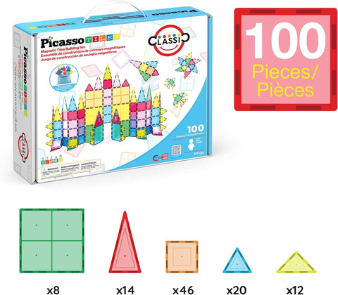 PicassoTiles 100 Piece Magnetic Tiles, Clear 3D Building Blocks for Kids 3+