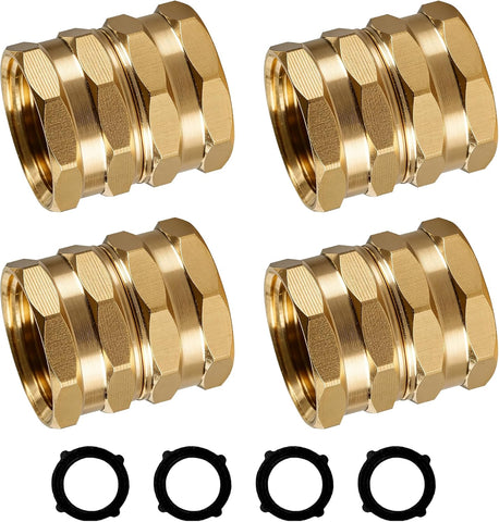 Hourleey Brass Garden Hose Adapter, 4 Pack 3/4 Inch Heavy Duty Solid Brass Female to Female Hose Connector, Garden Hose Repair Fittings with 4 Extra Washers, Leak-Proof Double Female Coupler