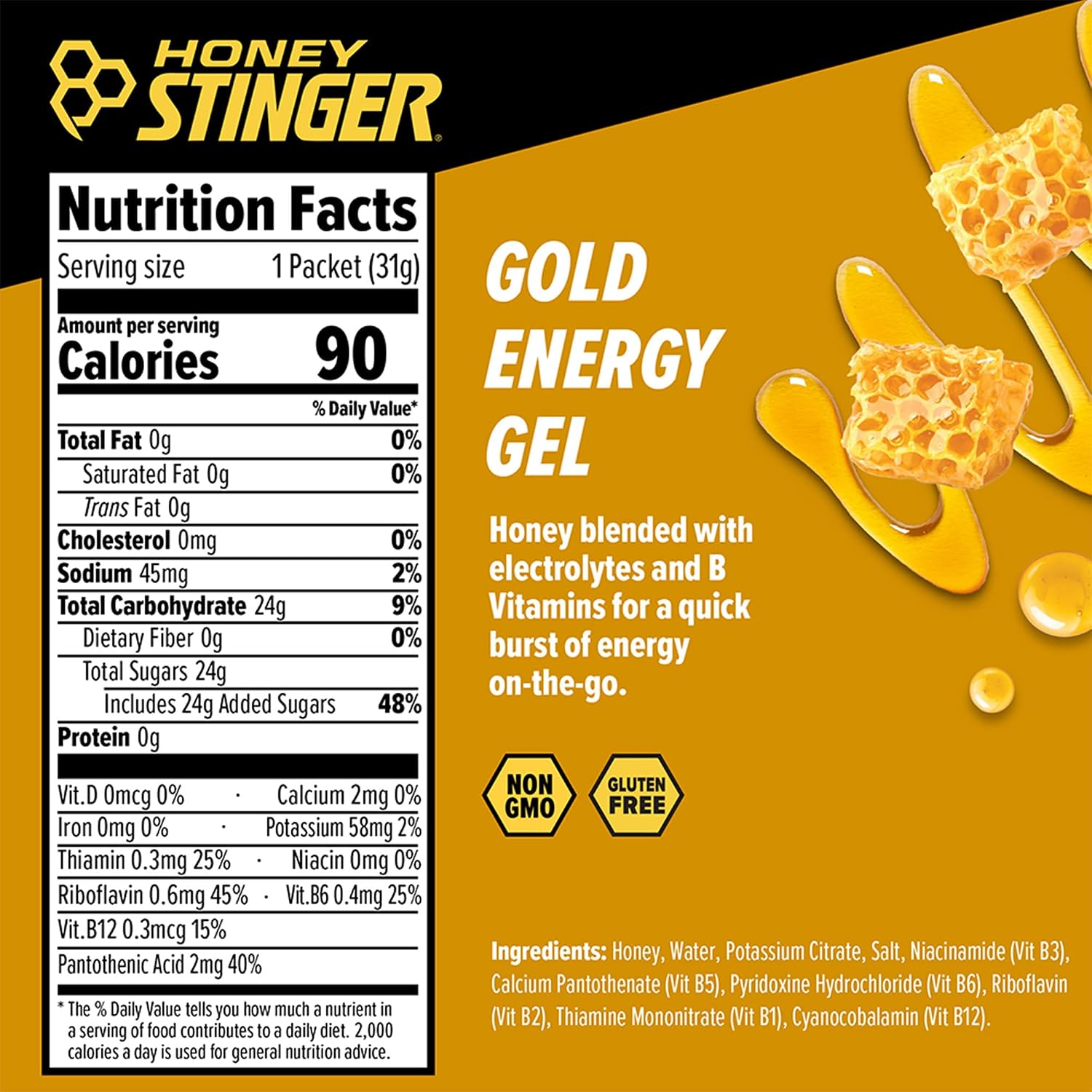 Honey Stinger Gold Energy Gel, Gluten Free & Caffeine Free, for Exercise, Running and Performance, Sports Nutrition for Home & Gym, Pre and Mid Workout, 24 Pack, 26.4 Ounce | sports-nutrition-endurance-and-energy-chews