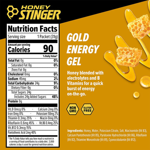 Honey Stinger Gold Energy Gel, Gluten Free & Caffeine Free, for Exercise, Running and Performance, Sports Nutrition for Home & Gym, Pre and Mid Workout, 24 Pack, 26.4 Ounce | sports-nutrition-endurance-and-energy-chews