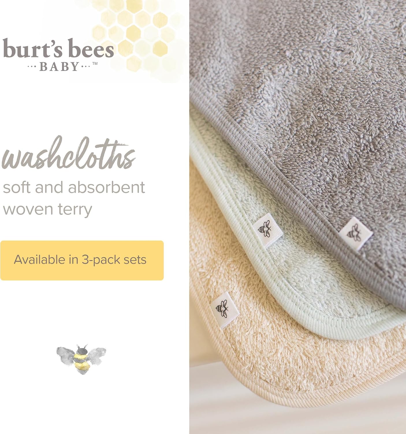 Burt's Bees Baby Infant Washcloths, 100% Organic Cotton 9x9 in, 3-Pack