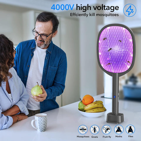 2 Pack Electric Fly Swatter 2 in 1 Bug Zapper Racket & Mosquito Zapper,4000V with USB Charging Base，Powerful Mosquito Swatter with 3 Layers of Safety Net Suitable for Indoor and Outdoor