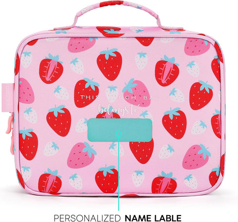 mibasies Kids Lunch Box for Girls, Insulated and Reusable Lunch Bag for School Preschool Kindergarten, Assorted Strawberry - Pink