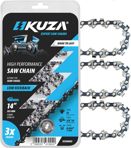 14 Inch Chainsaw Chain 3/8" LP Pitch, 050" Gauge, 52 Drive Links, German Steel, fits Husqvarna 120i, 135, Echo CS-310, Ryobi RY3714, Makita XCU03, EGO, WORX, POULAN and more - S52 (3 Chains)