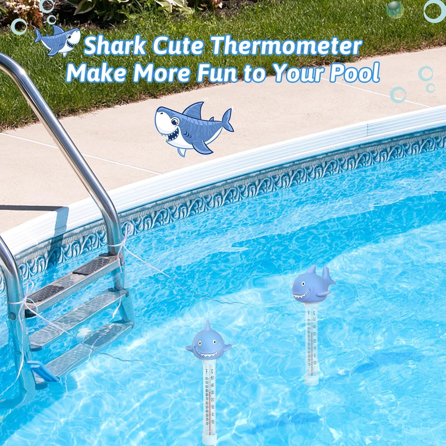 Pool Thermometer Floating, Water Temperature Thermometer with String, Large Size Easy Read & Shatter Resistant Pool Accessories for Outdoor & Indoor Swimming Pool, Spa,Ice Bath and Hot Tub (Shark)