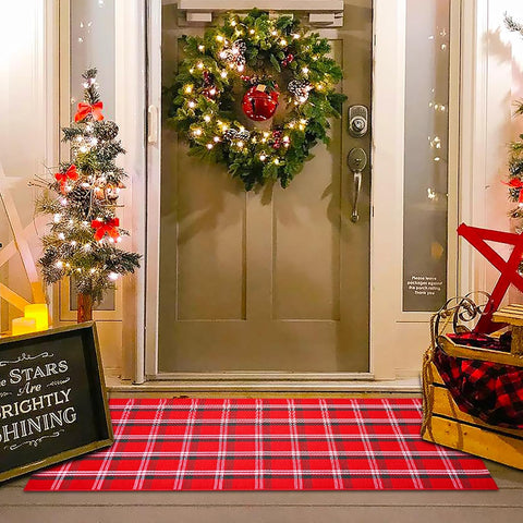 Christmas Red Green White Plaid Rug, 24"x 51" Cotton Hand-Woven Buffalo Check Layered Door Mat for Front Porch, Entryway, Outdoor Holiday Decor, Washable Farmhouse Rug for Home, Patio, Kitchen
