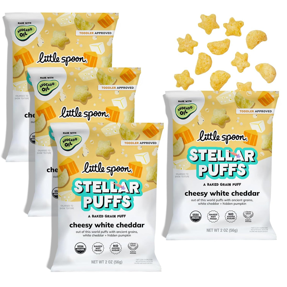 Little Spoon Stellar Puffs, Cheesy White Cheddar, Portable, 2oz, 4-Pack