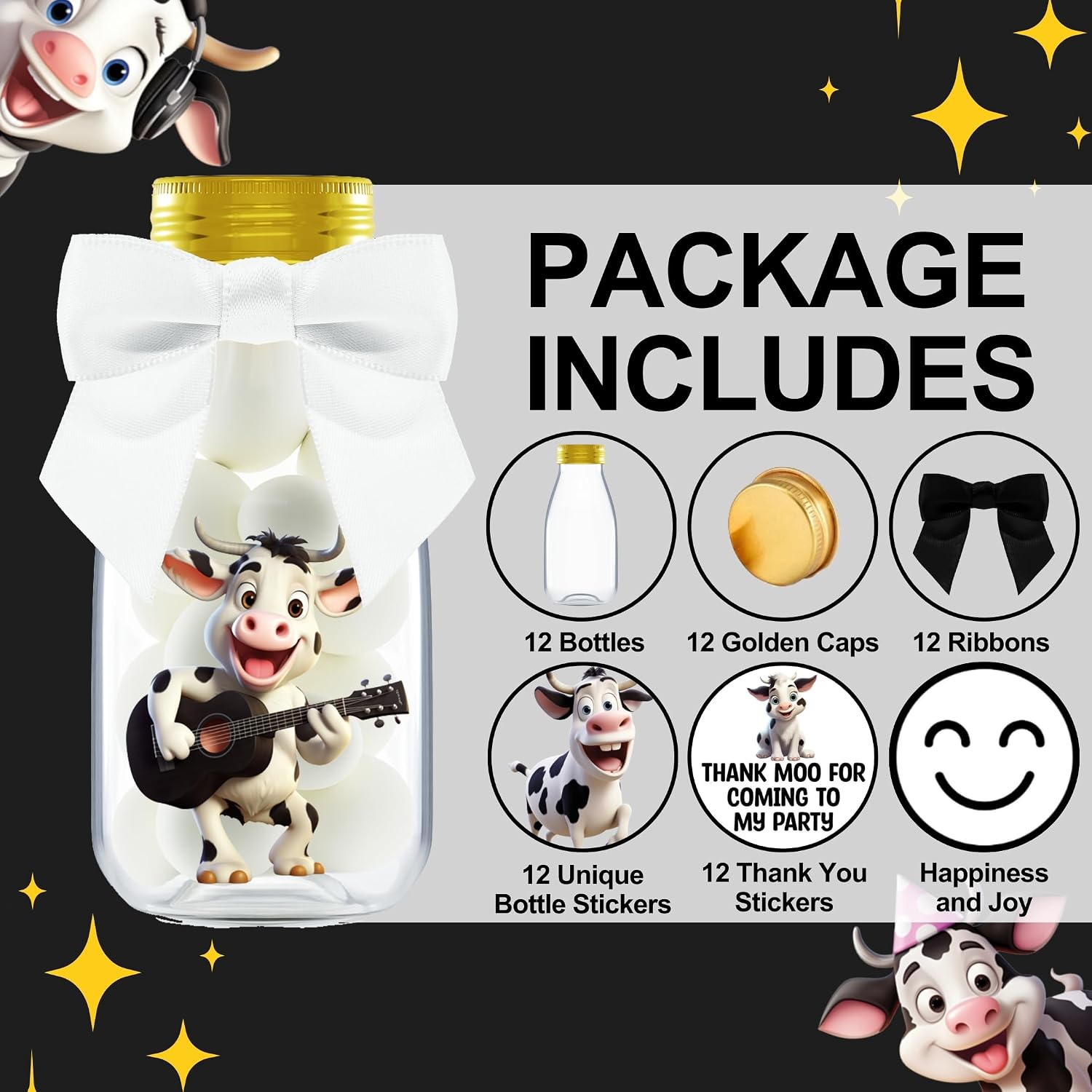 Ethisa Small 12 Pack Cow Party Favors - DIY Candy Jars with Ribbons and Stickers - Party Decoration Bottles for Birthday, Baby Shower - Holy Cow Print Table Centerpieces