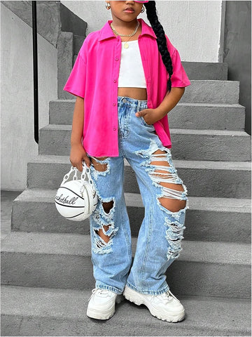 Floerns Girl's Distressed Jeans Baggy Wide Straight Leg Y2k Ripped Denim Pants