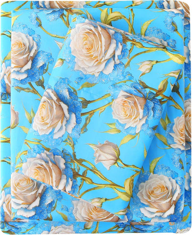 Mooreeke Cozy Floral Microfiber Printed Twin Sheet Set - Soft & Breathable 3D Rose Bed Sheets with Deep Pocket - Non-Slip Fitted Design - Blue White Rose Pattern - Queen