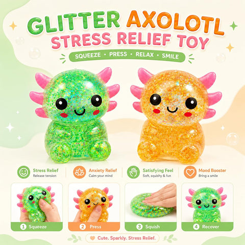 2 Packs Axolotl Squishy Toy, Glitter Fidget Toys Cute Axolotl Stress Relief Squeeze Toy Gifts for Kids Adult, Squishies Toys，orangegreen