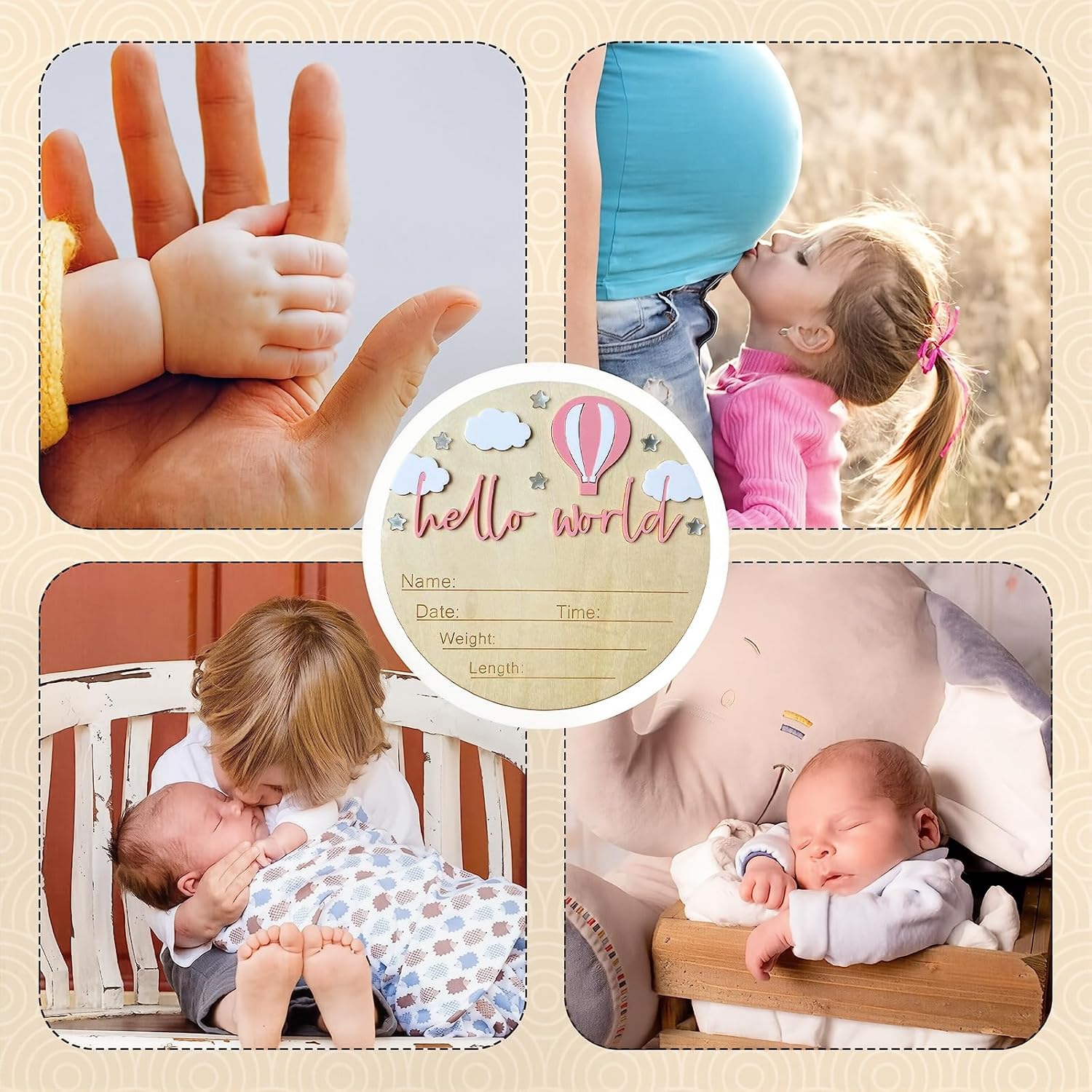 Baby Announcement Sign, 5.9 Inch Wooden Hello World Newborn Signs, Birth Announcement Sign and Pen, Hot Air Balloon and White Cloud Decoration, Welcome Newborn Arrival to World (Pink)