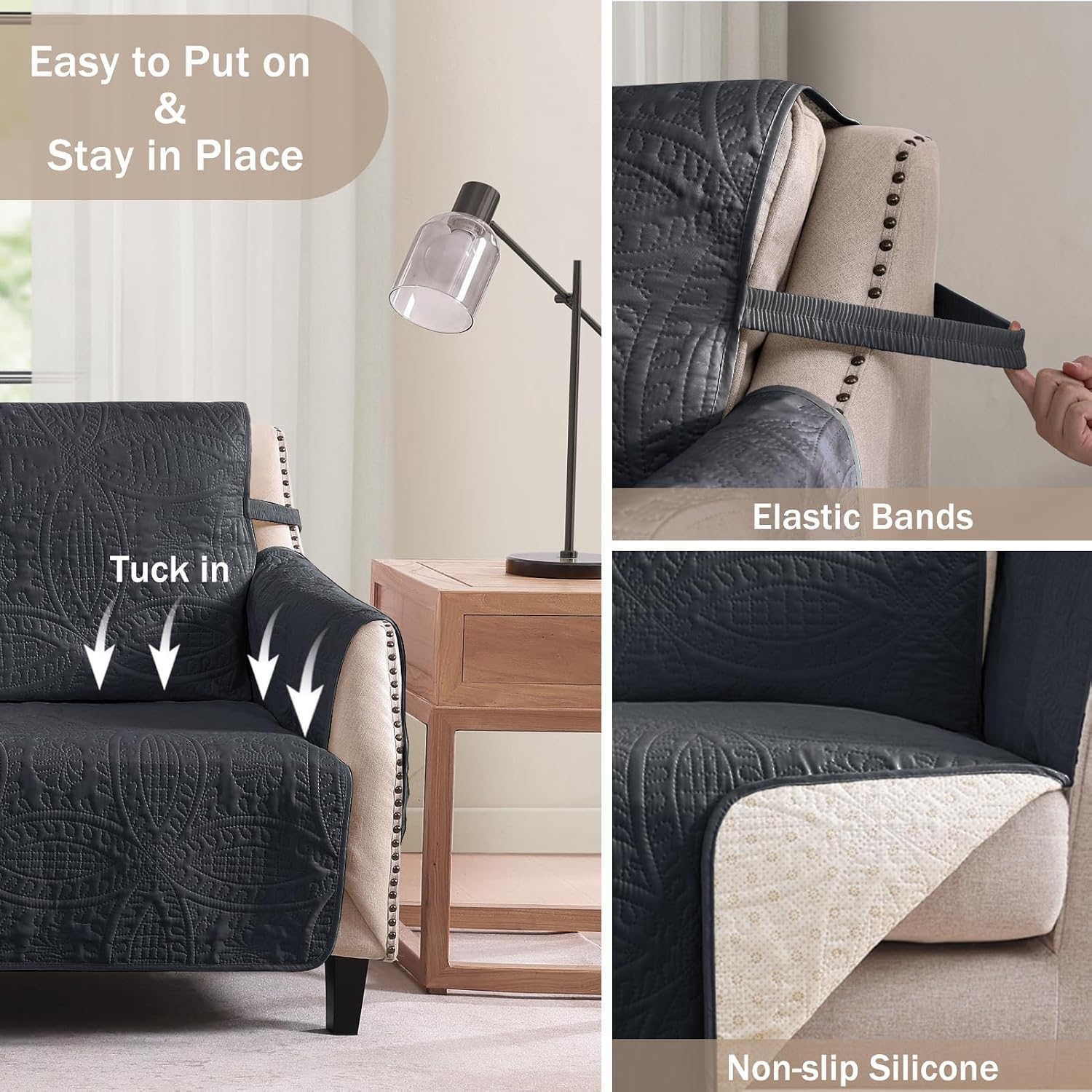 Black Loveseat Covers 2 Cushion Couch, Water-Repellent Sofa Cover for Love Seat, Washable Quilted Couch Covers, Pet Friendly Sofa Slipcovers (Loveseat 56", Black)