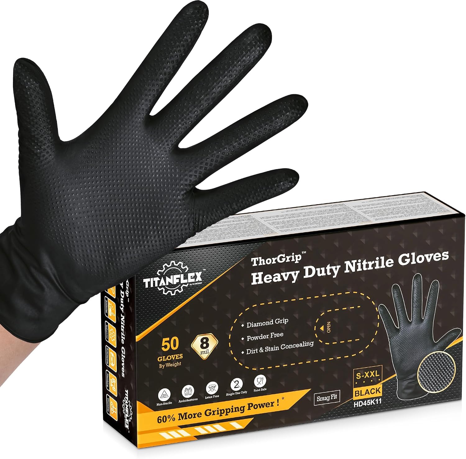 TitanFlex Heavy Duty Black Industrial Nitrile Gloves with Raised Diamond Texture, Latex Free 8mil