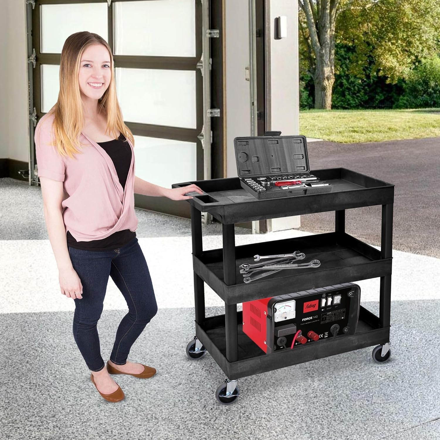 Luxor EC111-B 3-Shelf Heavy Duty Rolling Plastic Utility Cart, Black