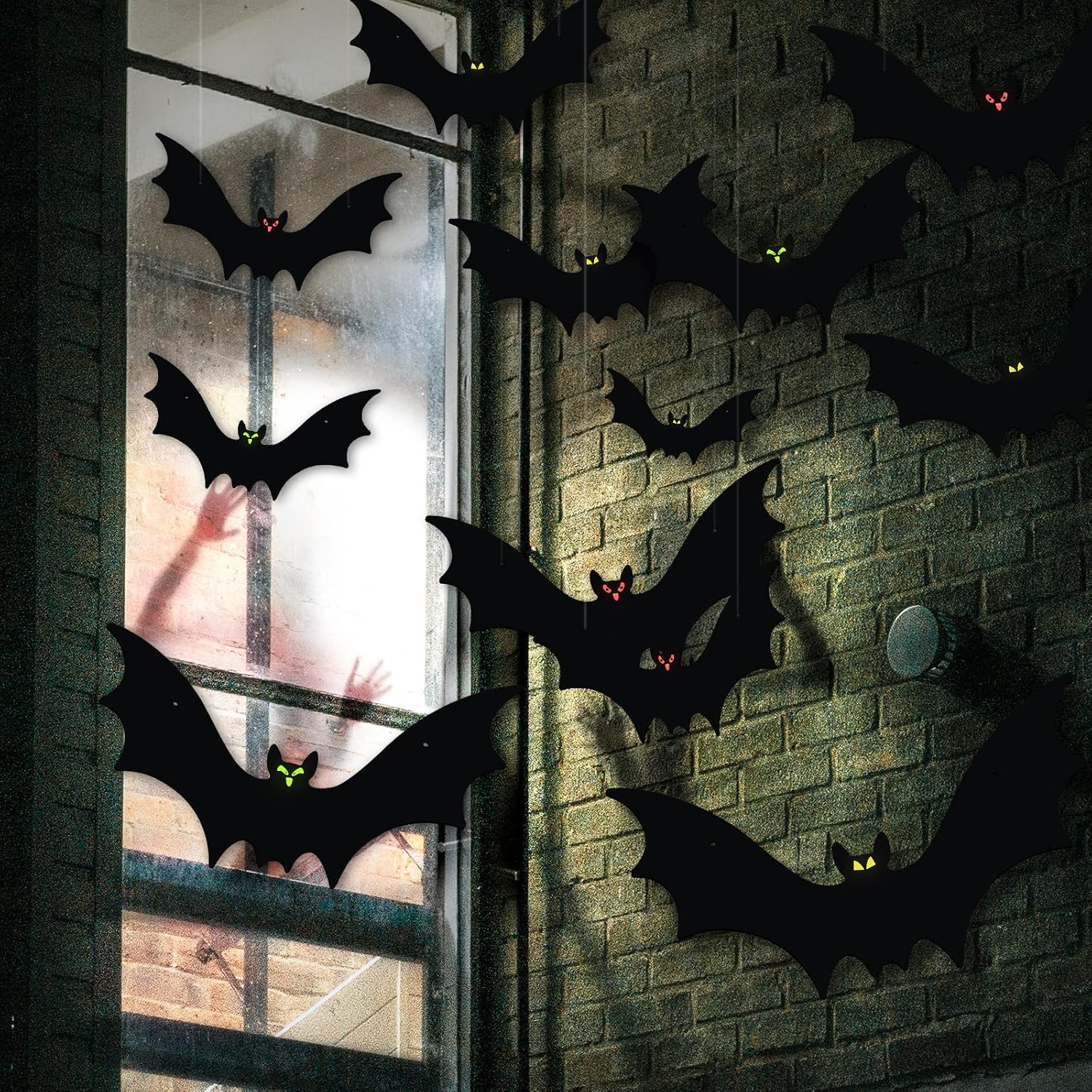 Hanging Bats Halloween Decorations 12pcs 3D Realistic Halloween Hanging Flying Bat with Glowing Eyes for Outdoor (3 Styles)