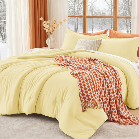 MUXHOMO Queen Comforter Set, All Season Ultra Soft Down Alternative Bedding - 3 Piece Lightweight Bed Set Includes 1 Comforter (90"x90") and 2 Pillow Shams (20"x26"), Cream Yellow