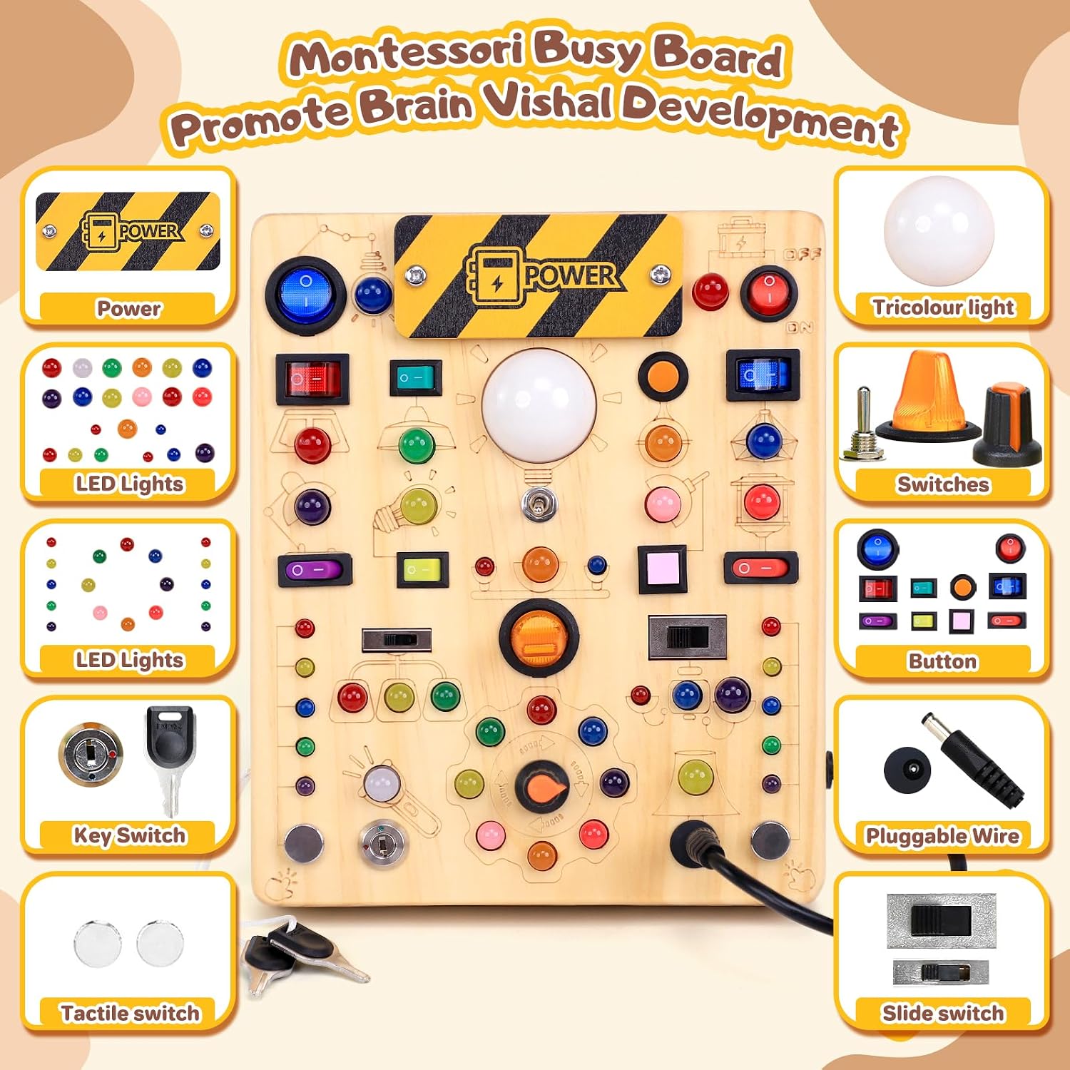 Busy Board with LED Light Switches, Montessori Toys for 1 2 3 Years Old, Toddlers Wooden Toy Sensory Activity Board, Travel Toys for 1+ Year Old Boy & Girl Birthday Gift (19 Switches)