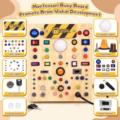 Busy Board with LED Light Switches, Montessori Toys for 1 2 3 Years Old, Toddlers Wooden Toy Sensory Activity Board, Travel Toys for 1+ Year Old Boy & Girl Birthday Gift (19 Switches)