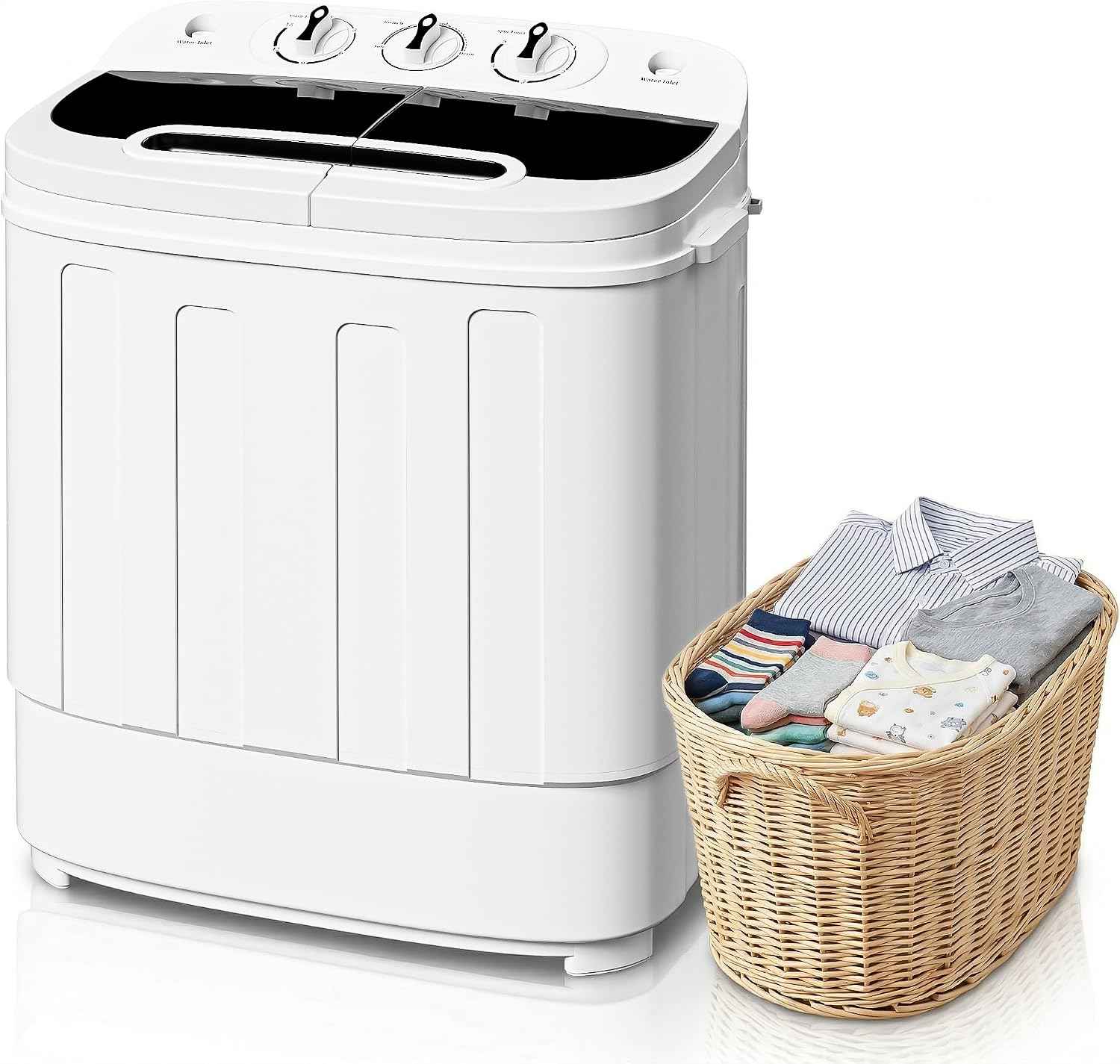 ZenStyle Twin Tub Small Washing Machine 13lbs, Portable with Built-In Washer Spinner & Gravity Pump, 5.74 FT Cord, for Dorm, Apartment, RV, Camping (White and Black)
