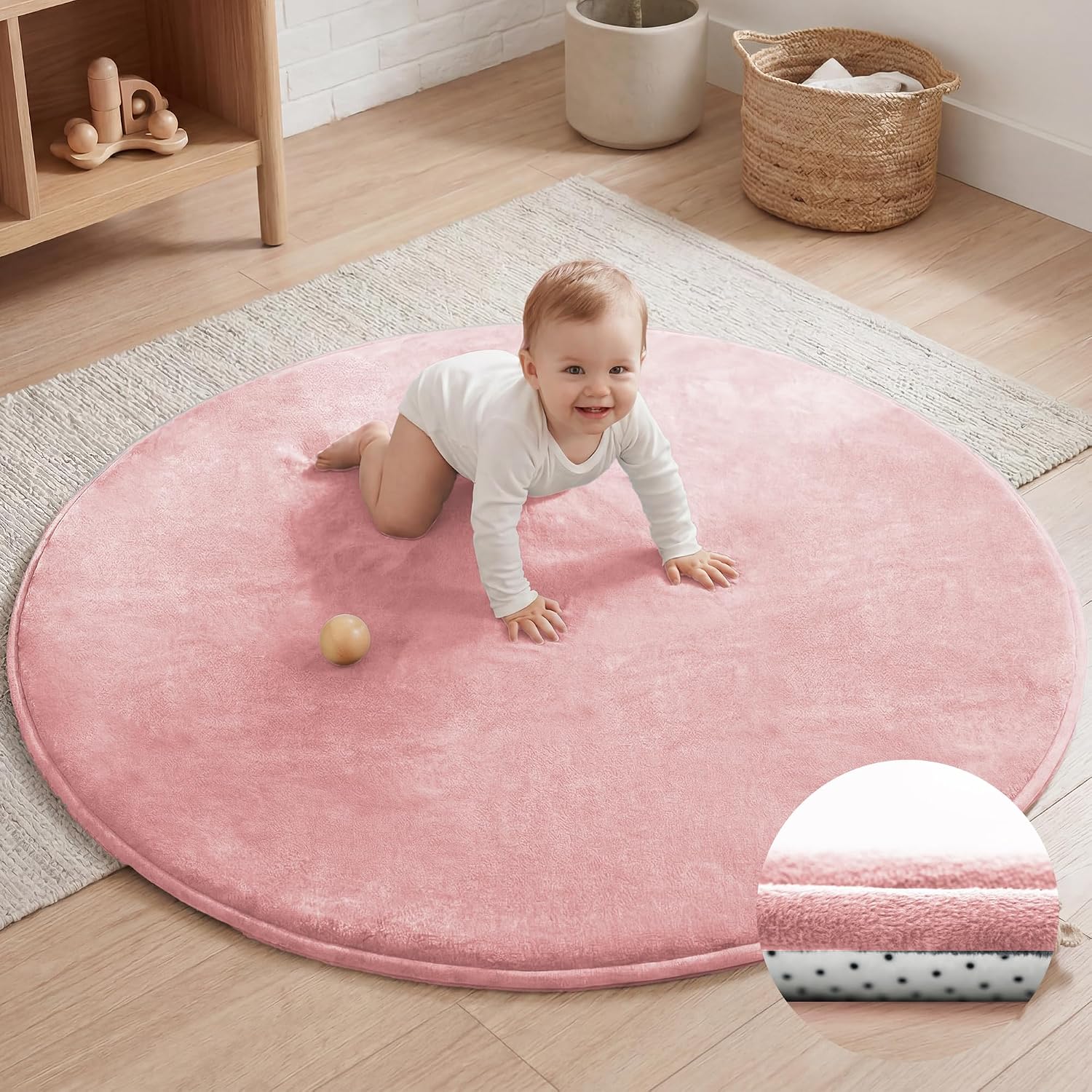 Baby Play Mat for Floor,1.3" Thick Elasti-Foam 47in Round Mat for Tummy Time,Non-Toxic Certified Water Repellent Soft Coral Velvet for Toddler,Infant,Kids,Non-Slip Backing Safe for Crawling(Pink)