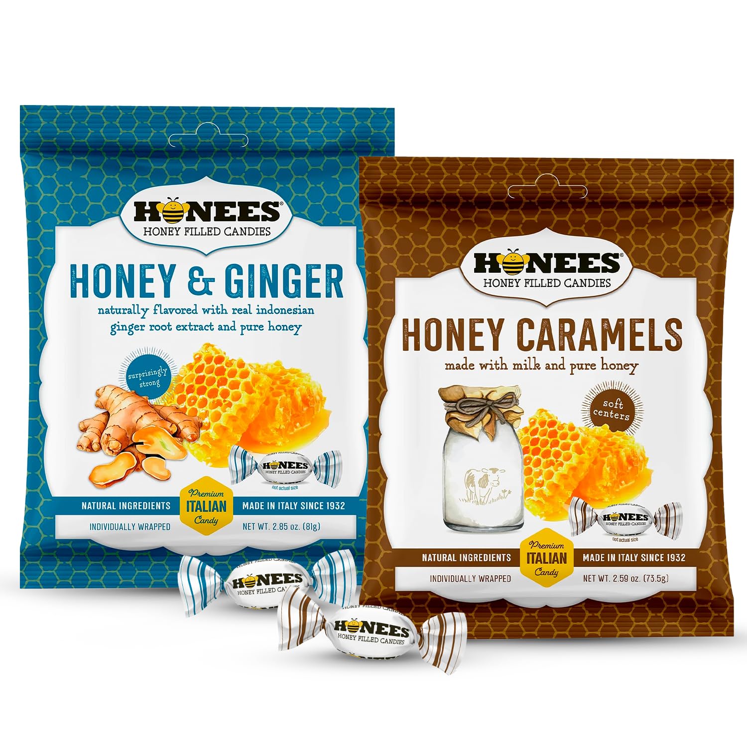 Honees Hard Candy Individually Wrapped - Variety Pack (Honey & Ginger + Honey & Caramel) - Natural & Healthy Candy, Italian Made - 2 Pack (5.7 oz)
